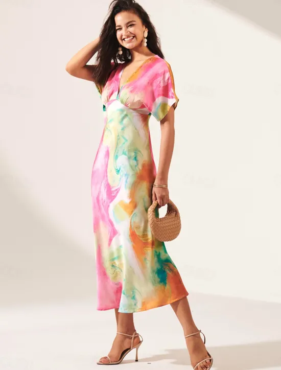 Women's Wedding Guest Dress Ombre Print V Neck Midi Dress Elegant Date Short Sleeve Regular Fit Vacation Daily Summer Dress Women Vacation Dresses