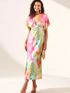 Women's Wedding Guest Dress Ombre Print V Neck Midi Dress Elegant Date Short Sleeve Regular Fit Vacation Daily Summer Dress Women Vacation Dresses