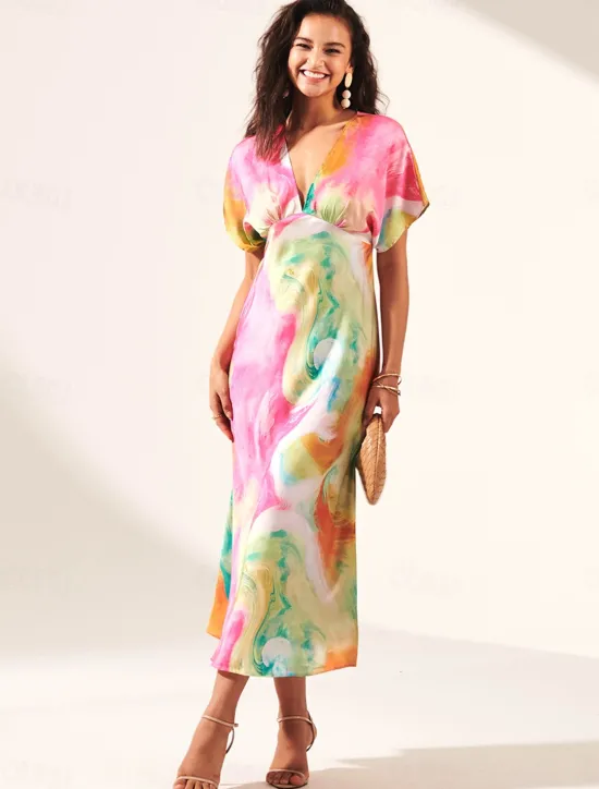 Women's Wedding Guest Dress Ombre Print V Neck Midi Dress Elegant Date Short Sleeve Regular Fit Vacation Daily Summer Dress Women Vacation Dresses