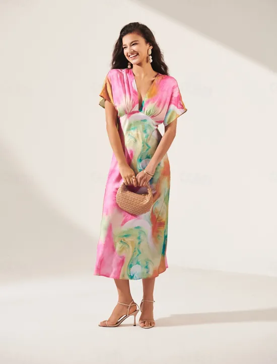 Women's Wedding Guest Dress Ombre Print V Neck Midi Dress Elegant Date Short Sleeve Regular Fit Vacation Daily Summer Dress Women Vacation Dresses