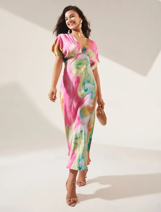 Women's Wedding Guest Dress Ombre Print V Neck Midi Dress Elegant Date Short Sleeve Regular Fit Vacation Daily Summer Dress Women Vacation Dresses