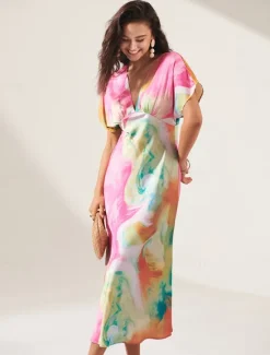 Women's Wedding Guest Dress Ombre Print V Neck Midi Dress Elegant Date Short Sleeve Regular Fit Vacation Daily Summer Dress Women Vacation Dresses