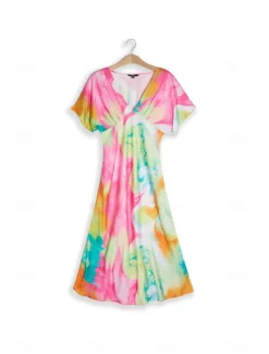 Women's Wedding Guest Dress Ombre Print V Neck Midi Dress Elegant Date Short Sleeve Regular Fit Vacation Daily Summer Dress Women Vacation Dresses
