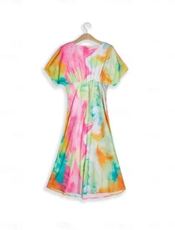 Women's Wedding Guest Dress Ombre Print V Neck Midi Dress Elegant Date Short Sleeve Regular Fit Vacation Daily Summer Dress Women Vacation Dresses