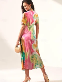 Women's Wedding Guest Dress Ombre Print V Neck Midi Dress Elegant Date Short Sleeve Regular Fit Vacation Daily Summer Dress Women Vacation Dresses