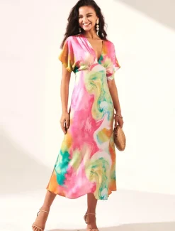 Women's Wedding Guest Dress Ombre Print V Neck Midi Dress Elegant Date Short Sleeve Regular Fit Vacation Daily Summer Dress Women Vacation Dresses