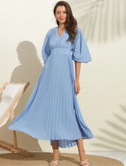 Women's Wedding Guest Dress Maxi Blue V-Neck Dolman Sleeve Pleated Chiffon Women Casual Dress|Cocktail Dress