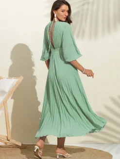 Women's Wedding Guest Dress Maxi Blue V-Neck Dolman Sleeve Pleated Chiffon Women Casual Dress|Cocktail Dress