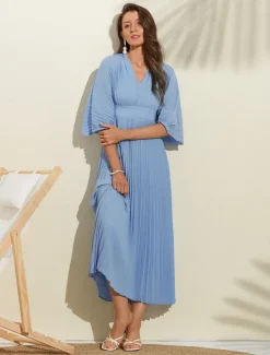 Women's Wedding Guest Dress Maxi Blue V-Neck Dolman Sleeve Pleated Chiffon Women Casual Dress|Cocktail Dress