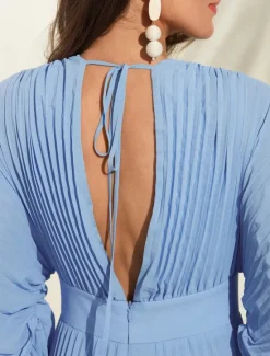 Women's Wedding Guest Dress Maxi Blue V-Neck Dolman Sleeve Pleated Chiffon Women Casual Dress|Cocktail Dress
