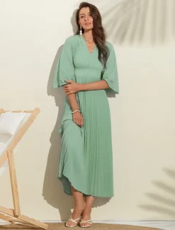 Women's Wedding Guest Dress Maxi Blue V-Neck Dolman Sleeve Pleated Chiffon Women Casual Dress|Cocktail Dress