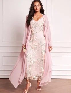 New Women's Wedding Guest Dress Set Maxi Dress Chiffon Cardigan Embroidered Date Vacation Elegant V Neck Long Sleeve Color Spring Summer Fall Women Cocktail Dress