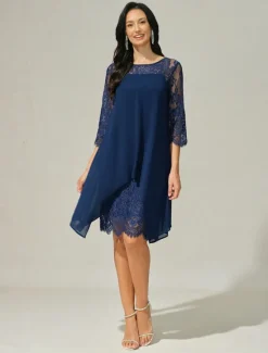 Hot Women's Wedding Guest Dress Plain Dress Midi Dress Lace Chiffon Patchwork Casual Crew Neck 3/4 Length Sleeve Cocktail Dresses Formal Dresses Color Women Chiffon Dresses|Cocktail Dress