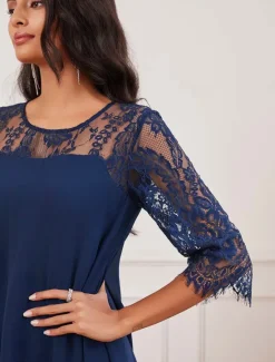 Hot Women's Wedding Guest Dress Plain Dress Midi Dress Lace Chiffon Patchwork Casual Crew Neck 3/4 Length Sleeve Cocktail Dresses Formal Dresses Color Women Chiffon Dresses|Cocktail Dress