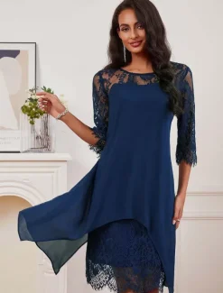 Hot Women's Wedding Guest Dress Plain Dress Midi Dress Lace Chiffon Patchwork Casual Crew Neck 3/4 Length Sleeve Cocktail Dresses Formal Dresses Color Women Chiffon Dresses|Cocktail Dress