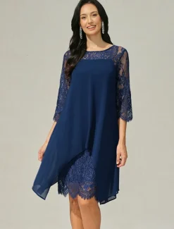 Hot Women's Wedding Guest Dress Plain Dress Midi Dress Lace Chiffon Patchwork Casual Crew Neck 3/4 Length Sleeve Cocktail Dresses Formal Dresses Color Women Chiffon Dresses|Cocktail Dress