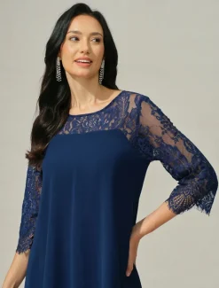 Hot Women's Wedding Guest Dress Plain Dress Midi Dress Lace Chiffon Patchwork Casual Crew Neck 3/4 Length Sleeve Cocktail Dresses Formal Dresses Color Women Chiffon Dresses|Cocktail Dress