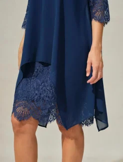 Hot Women's Wedding Guest Dress Plain Dress Midi Dress Lace Chiffon Patchwork Casual Crew Neck 3/4 Length Sleeve Cocktail Dresses Formal Dresses Color Women Chiffon Dresses|Cocktail Dress