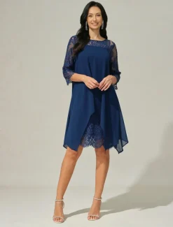 Hot Women's Wedding Guest Dress Plain Dress Midi Dress Lace Chiffon Patchwork Casual Crew Neck 3/4 Length Sleeve Cocktail Dresses Formal Dresses Color Women Chiffon Dresses|Cocktail Dress