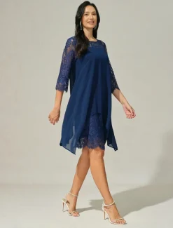 Hot Women's Wedding Guest Dress Plain Dress Midi Dress Lace Chiffon Patchwork Casual Crew Neck 3/4 Length Sleeve Cocktail Dresses Formal Dresses Color Women Chiffon Dresses|Cocktail Dress