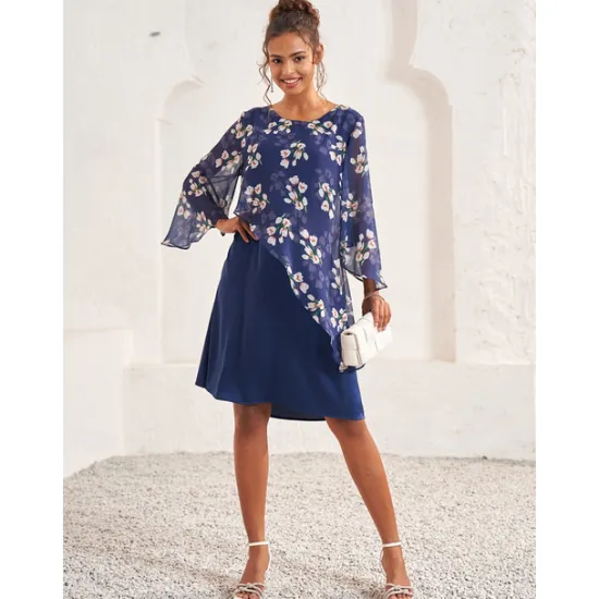 Hot Women's Wedding Guest Dress A Line Dress Elegant Floral Midi Dress Chiffon Flared Sleeve Crew Neck Patchwork Regular Fit Wedding Guest Cocktail Party Summer Women Chiffon Dresses