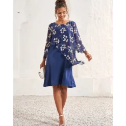 Hot Women's Wedding Guest Dress A Line Dress Elegant Floral Midi Dress Chiffon Flared Sleeve Crew Neck Patchwork Regular Fit Wedding Guest Cocktail Party Summer Women Chiffon Dresses