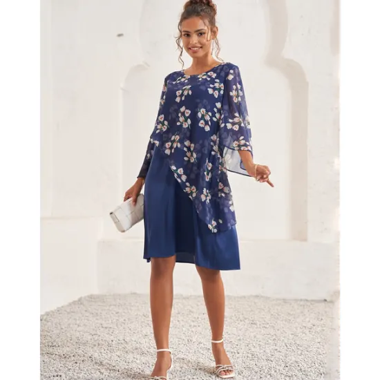 Hot Women's Wedding Guest Dress A Line Dress Elegant Floral Midi Dress Chiffon Flared Sleeve Crew Neck Patchwork Regular Fit Wedding Guest Cocktail Party Summer Women Chiffon Dresses