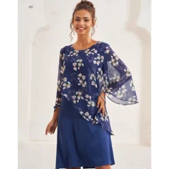 Hot Women's Wedding Guest Dress A Line Dress Elegant Floral Midi Dress Chiffon Flared Sleeve Crew Neck Patchwork Regular Fit Wedding Guest Cocktail Party Summer Women Chiffon Dresses