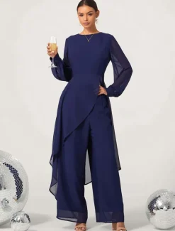 Outlet Women's Wedding Guest Jumpsuit Elegant Navy Long Sheer Sleeve Wide Leg Chic Evening Party Wear Round Neckline Spring Summer Fall Women Chiffon Dresses|Two Piece Sets