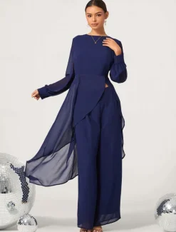 Outlet Women's Wedding Guest Jumpsuit Elegant Navy Long Sheer Sleeve Wide Leg Chic Evening Party Wear Round Neckline Spring Summer Fall Women Chiffon Dresses|Two Piece Sets