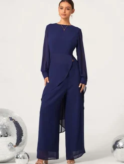 Outlet Women's Wedding Guest Jumpsuit Elegant Navy Long Sheer Sleeve Wide Leg Chic Evening Party Wear Round Neckline Spring Summer Fall Women Chiffon Dresses|Two Piece Sets