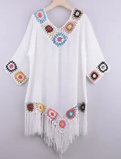 Hot Women's White Beach Dress Mini Dress Ruffle Patchwork Vacation Beach Sexy Boho V Neck 3/4 Length Sleeve Black White Red Color Women Cover Up