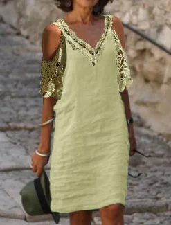 Hot Women's White Blue Green Summer Spring Midi Dress Linen-Inspired Dresses White Dress Lace Dress Casual Vacation Daily Loose Fit Plain V Neck Women Dresses