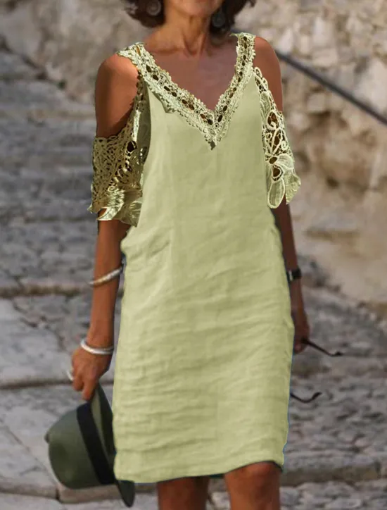 Hot Women's White Blue Green Summer Spring Midi Dress Linen-Inspired Dresses White Dress Lace Dress Casual Vacation Daily Loose Fit Plain V Neck Women Dresses