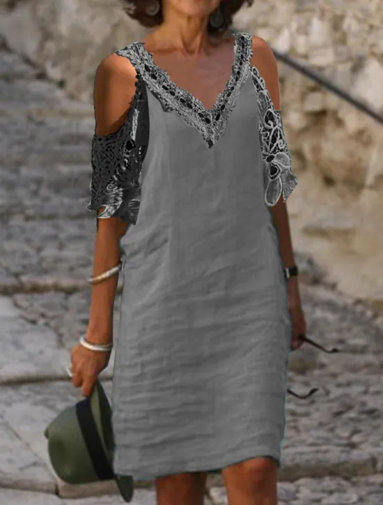 Hot Women's White Blue Green Summer Spring Midi Dress Linen-Inspired Dresses White Dress Lace Dress Casual Vacation Daily Loose Fit Plain V Neck Women Dresses