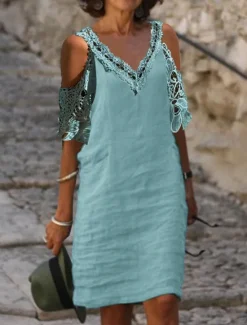 Hot Women's White Blue Green Summer Spring Midi Dress Linen-Inspired Dresses White Dress Lace Dress Casual Vacation Daily Loose Fit Plain V Neck Women Dresses