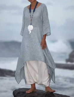 Hot Women's White Blue Purple Summer Spring Midi Dress Linen-Inspired Dresses Casual Dress Spring Dress Basic Casual Outdoor Daily Weekend Regular Fit Pure Color Crew Neck Women Dresses
