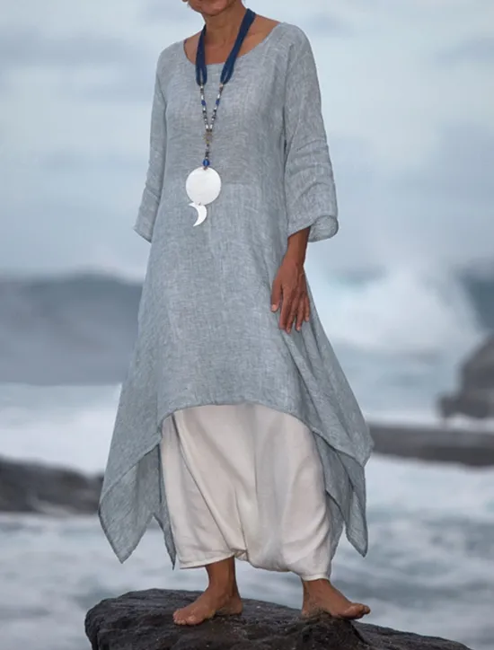 Hot Women's White Blue Purple Summer Spring Midi Dress Linen-Inspired Dresses Casual Dress Spring Dress Basic Casual Outdoor Daily Weekend Regular Fit Pure Color Crew Neck Women Dresses