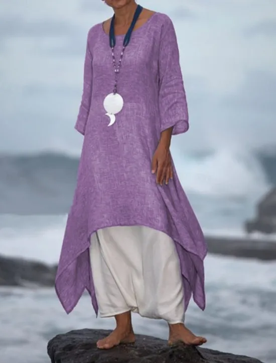 Hot Women's White Blue Purple Summer Spring Midi Dress Linen-Inspired Dresses Casual Dress Spring Dress Basic Casual Outdoor Daily Weekend Regular Fit Pure Color Crew Neck Women Dresses