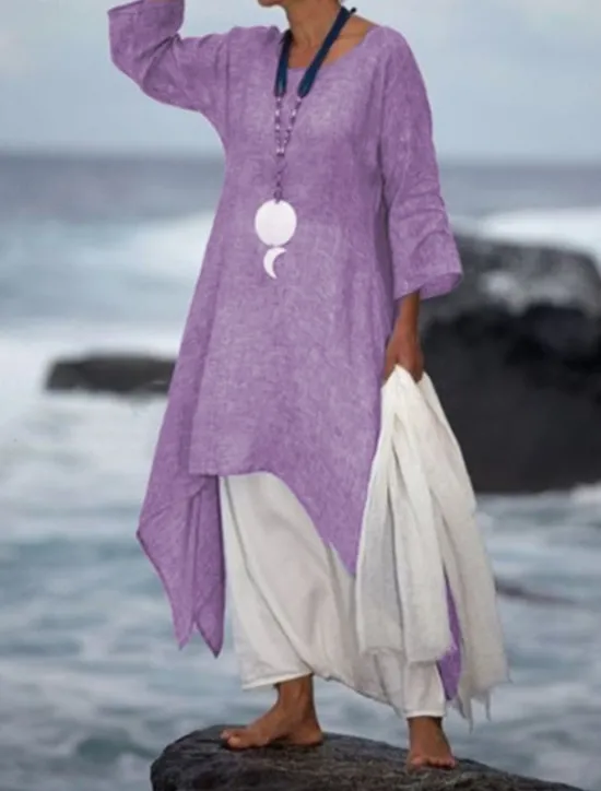 Hot Women's White Blue Purple Summer Spring Midi Dress Linen-Inspired Dresses Casual Dress Spring Dress Basic Casual Outdoor Daily Weekend Regular Fit Pure Color Crew Neck Women Dresses
