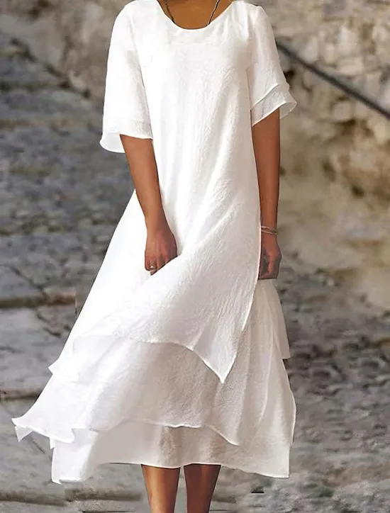 Online Women's White Blue Summer Spring Midi Dress Casual Dress Shift Dress Vacation Basic Modern Outdoor Work Daily Loose Fit Plain Crew Neck Women White Dresses