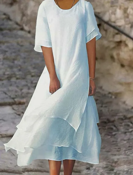 Online Women's White Blue Summer Spring Midi Dress Casual Dress Shift Dress Vacation Basic Modern Outdoor Work Daily Loose Fit Plain Crew Neck Women White Dresses