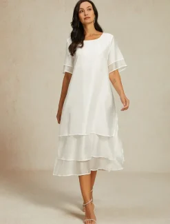 Online Women's White Blue Summer Spring Midi Dress Casual Dress Shift Dress Vacation Basic Modern Outdoor Work Daily Loose Fit Plain Crew Neck Women White Dresses