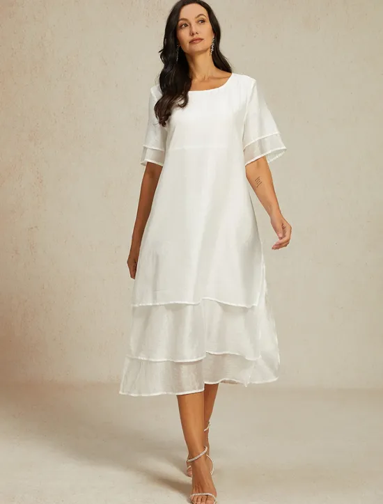 Online Women's White Blue Summer Spring Midi Dress Casual Dress Shift Dress Vacation Basic Modern Outdoor Work Daily Loose Fit Plain Crew Neck Women White Dresses
