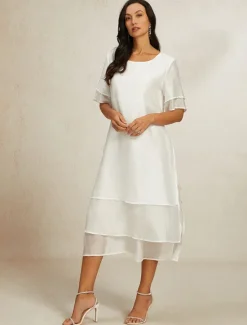 Online Women's White Blue Summer Spring Midi Dress Casual Dress Shift Dress Vacation Basic Modern Outdoor Work Daily Loose Fit Plain Crew Neck Women White Dresses