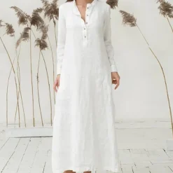 Women's White Blue Summer Spring Fall Plus Size Maxi Dress Cotton Linen Dresses Shirt Dress Cotton Linen Dress Retro Basic Casual Home Daily Loose Fit Notched Neck Women Dresses