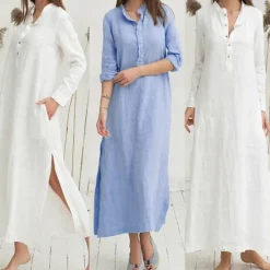 Women's White Blue Summer Spring Fall Plus Size Maxi Dress Cotton Linen Dresses Shirt Dress Cotton Linen Dress Retro Basic Casual Home Daily Loose Fit Notched Neck Women Dresses