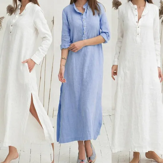 Women's White Blue Summer Spring Fall Plus Size Maxi Dress Cotton Linen Dresses Shirt Dress Cotton Linen Dress Retro Basic Casual Home Daily Loose Fit Notched Neck Women Dresses