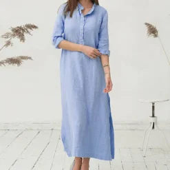 Women's White Blue Summer Spring Fall Plus Size Maxi Dress Cotton Linen Dresses Shirt Dress Cotton Linen Dress Retro Basic Casual Home Daily Loose Fit Notched Neck Women Dresses