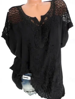 Clearance Women's White Bohemian Blouse Lace V-Neck Openwork Embroidery Casual Flowy Oversized Short Sleeve Summer Fashion Top One Size Women Lace Tops